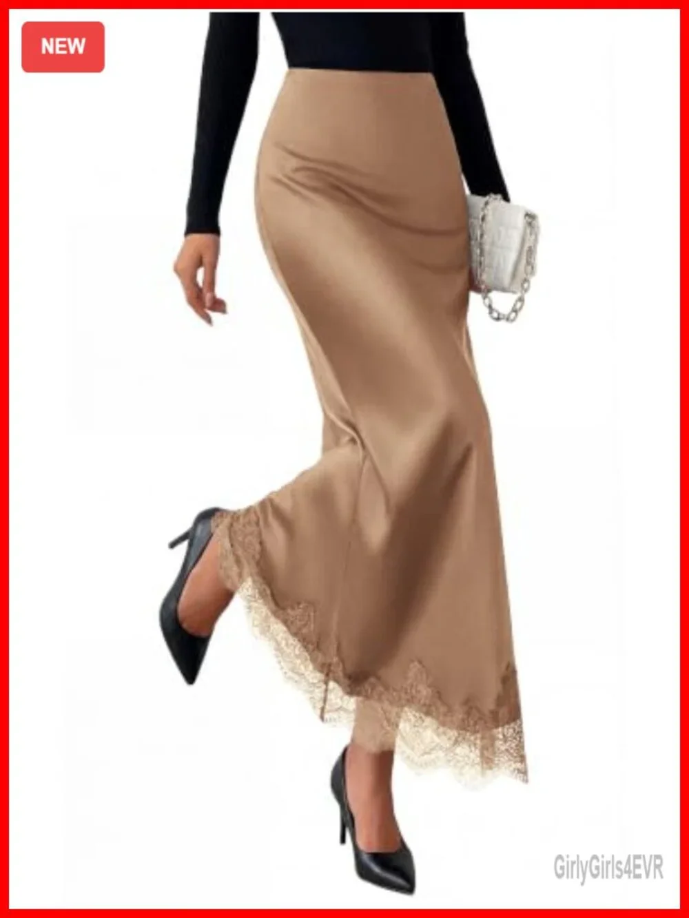 Satin A-Line Maxi Skirt High Waisted Lace Trim Ankle Length
